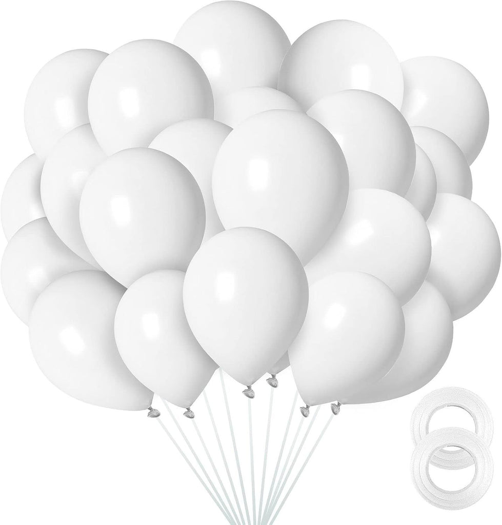 12 inch White Balloons, 100 Pack Latex Balloons Helium Quality for Birthday, Baby Shower, Wedding Party Decorations with White Ribbon