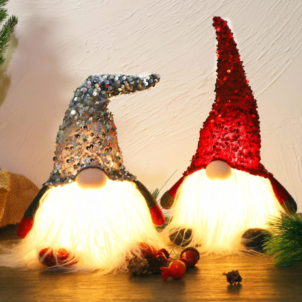 12" Lighted Christmas Gnome, Handmade Sequins Hat Scandinavian Swedish Tomte, Light Up Plush Elf Toy Holiday Present, Battery Operated Winter Tabletop Christmas Decorations, 2 Set