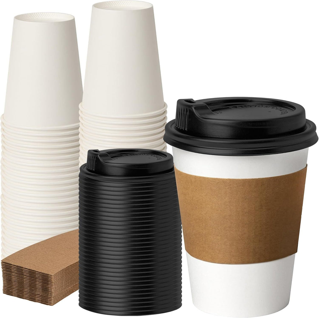 12 oz 50 Pack Coffee Cups with Lids and Sleeves, Hot Paper Coffee Cups with Lids, Disposable To Go Cup with Lid for Coffee, Tea, Hot Chocolate, Ideal for Cafes, Offices and Travel
