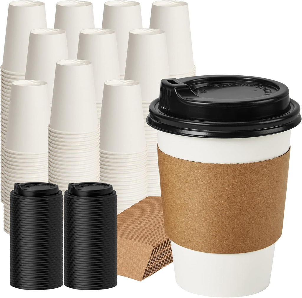 12 oz 500 Pack Coffee Cups with Lids and Sleeves, Hot Paper Coffee Cups with Lids, Disposable To Go Cups with Lid for Coffee, Tea, Hot Chocolate, Ideal for Cafes, Offices and Travel