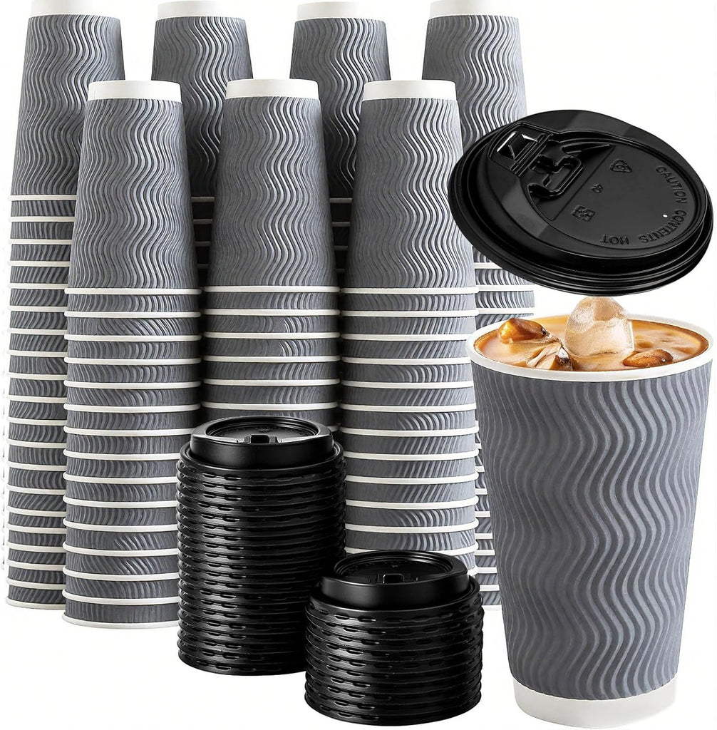 12 oz Coffee Cups with Lids, 80 Pack Insulated Corrugated Paper Cups, Disposable Coffee Cups for Water, Juice, Coffee (Grey 12 oz)