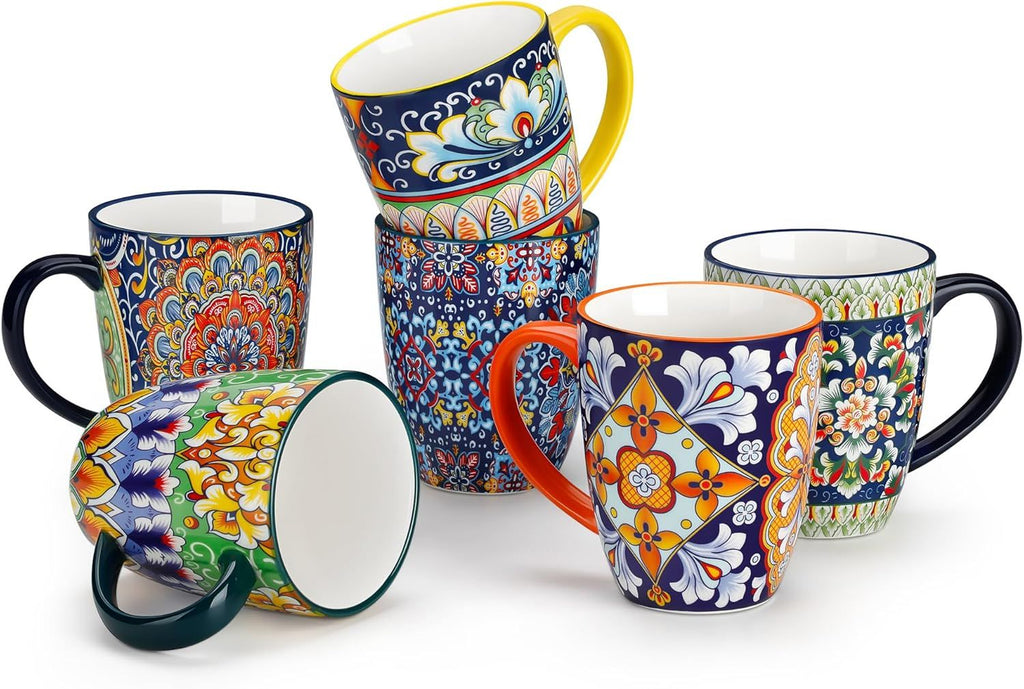 12 oz Coffee Mugs Set of 6, Ceramic Mug with Handle, Boho Coffee Cups for Latte, Cappuccino & Hot Chocolate, Dishwasher & Microwave Safe Gift Set, Series SIMI