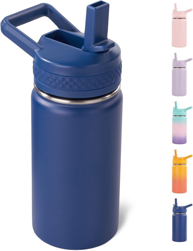 12 oz Kids Water Bottle, Toddler Water Bottle with Straw, Boys&Girls Bottle for School, 304 Stainless Steel Vacuum Insulated Bottle for Kids, BPA-Free, Leak-Proof, Navy blue