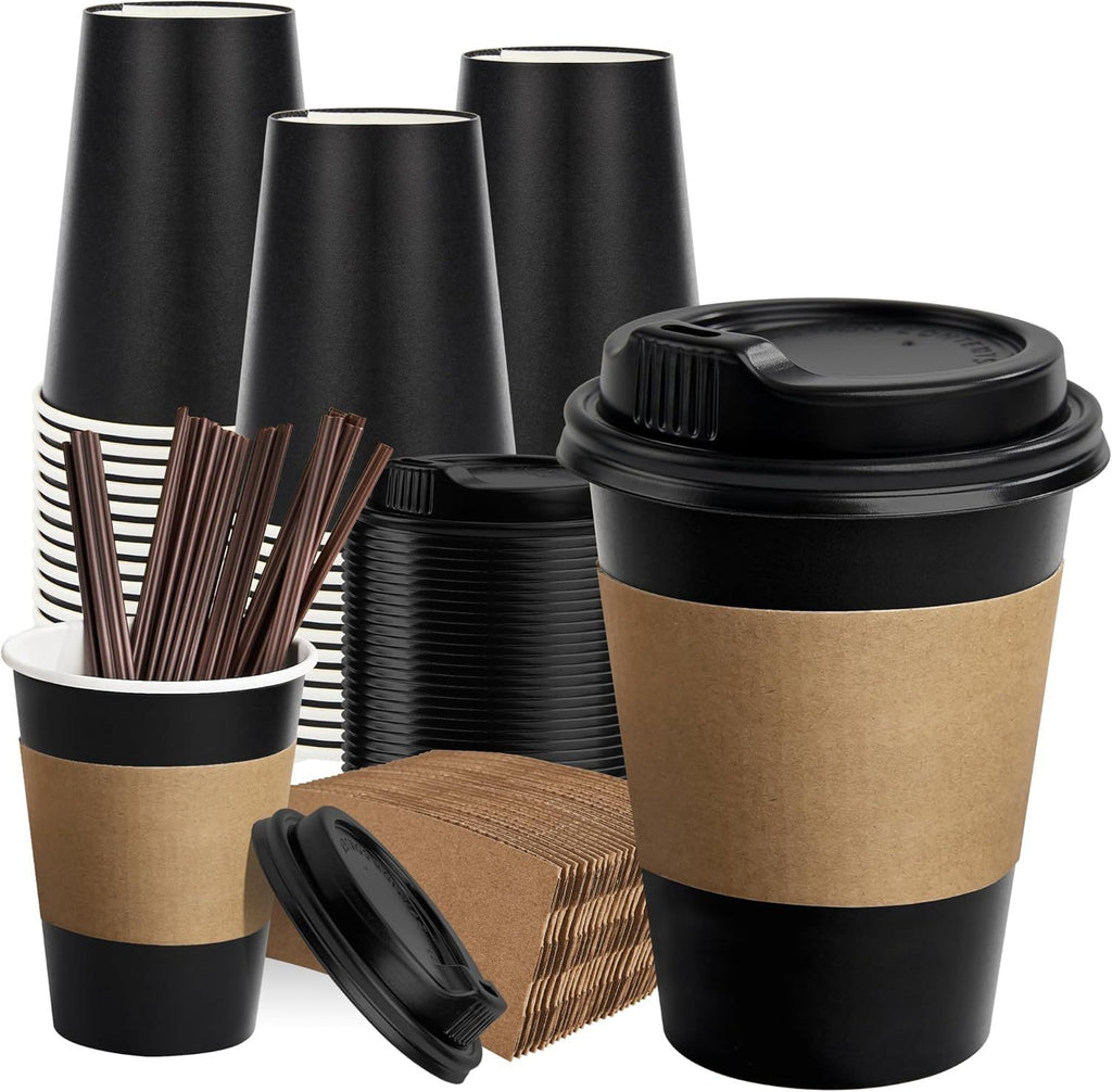 12 oz Paper Coffee Cups,100 Pack Black Disposable Coffee Cups with Lids, Sleeves and Stirring Sticks, 12 oz Hot Coffee Cup for Hot Drinks, Parties, Picnic, Travel, and Events
