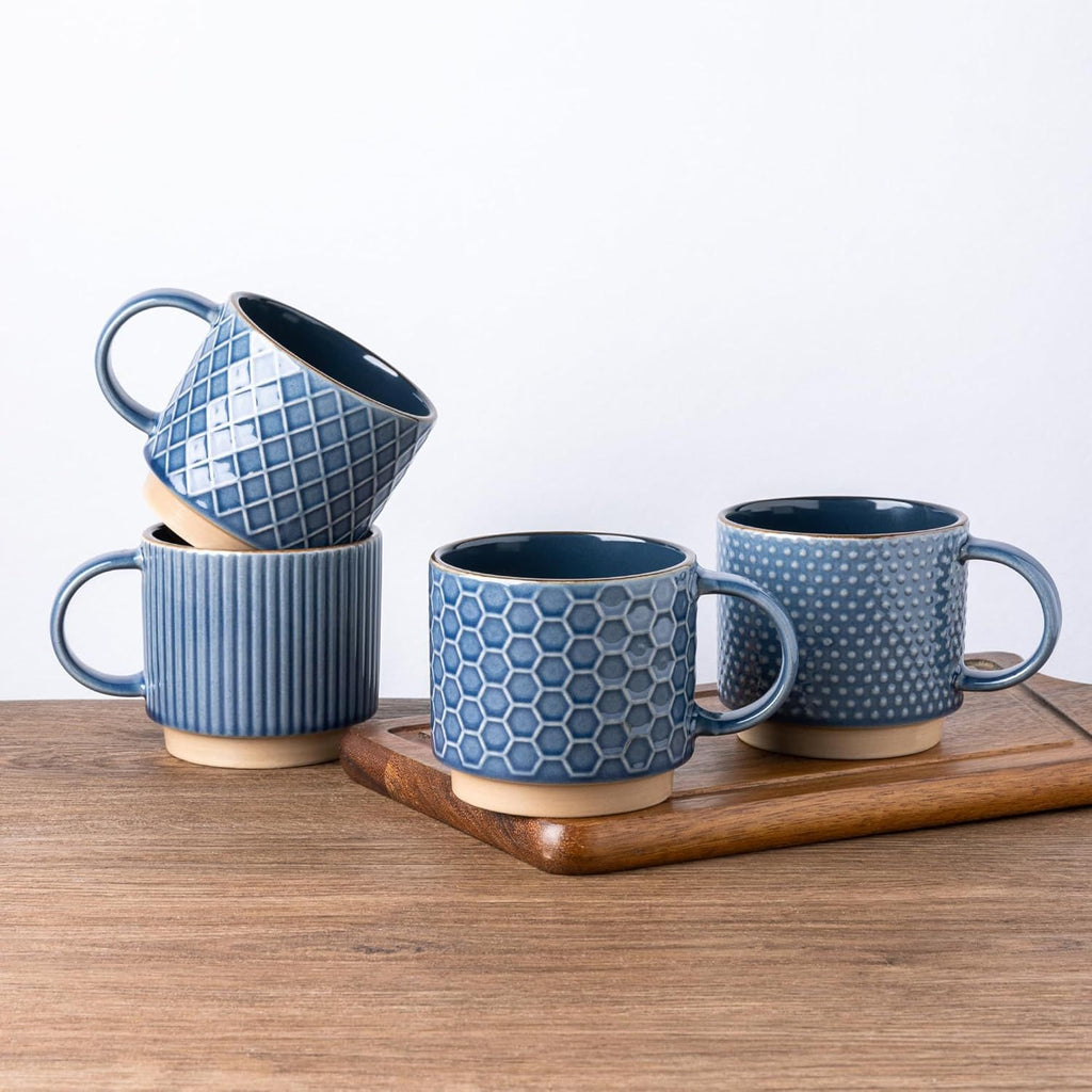 12 OZ Stackable Coffee Mugs, Ceramic Coffee Mugs with Texture Patterns for Man,Woman,Dad,Mom, Modern Coffee Cups Set of 4 for Latte/Cappuccino/Cocoa. Dishwasher&Microwave Safe
