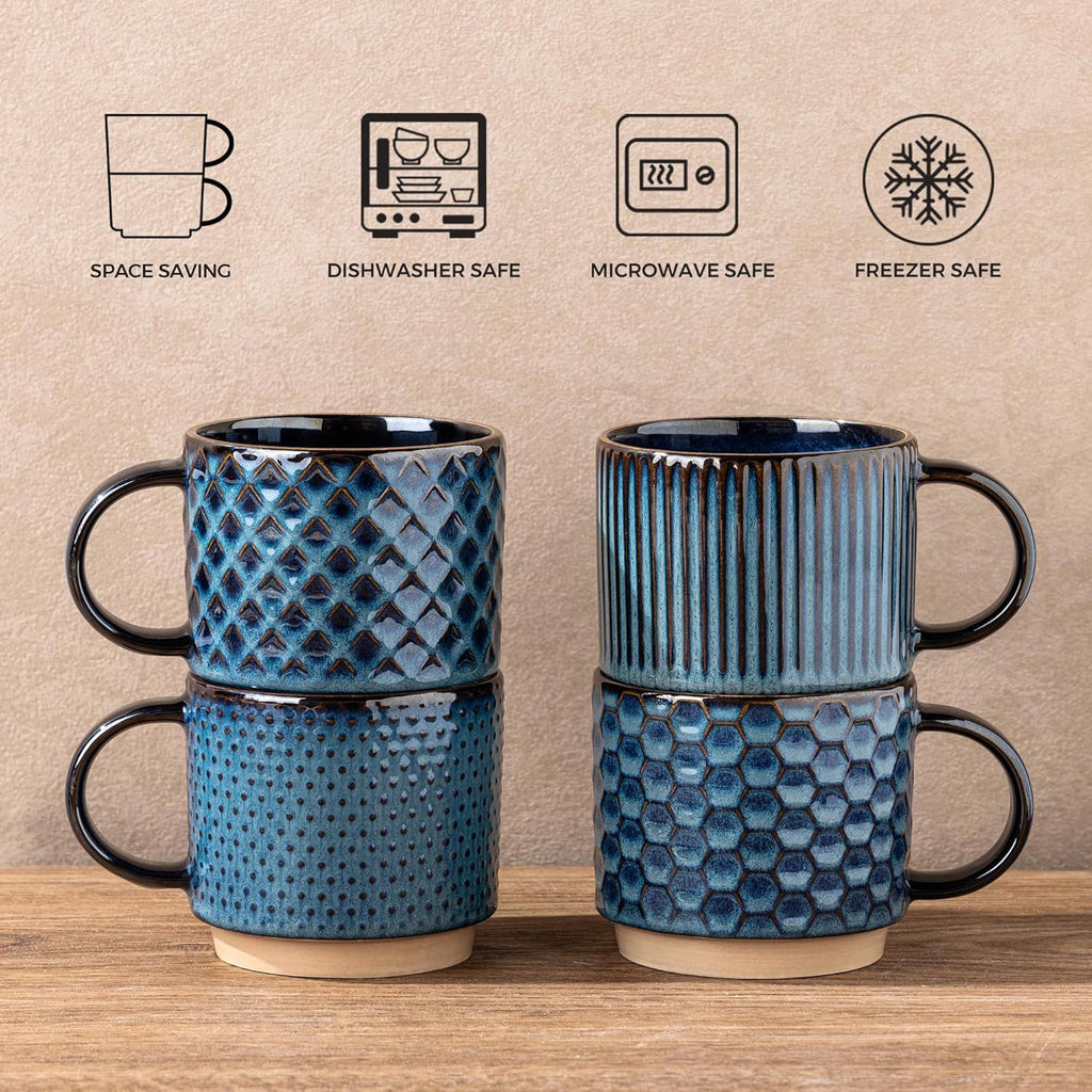 12 OZ Stackable Coffee Mugs, Ceramic Coffee Mugs with Texture Patterns for Man,Woman,Dad,Mom, Modern Coffee Mugs Set of 4 for Latte/Cappuccino/Cocoa. Dishwasher&Microwave Safe