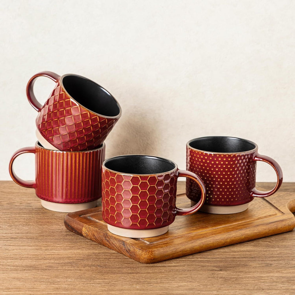 12 OZ Stackable Coffee Mugs Set of 4, Ceramic Coffee Cups with Texture Patterns for Man,Woman,Dad,Mom, Modern Mugs Set for Latte/Cappuccino/Cocoa. Dishwasher&Microwave Safe, Red
