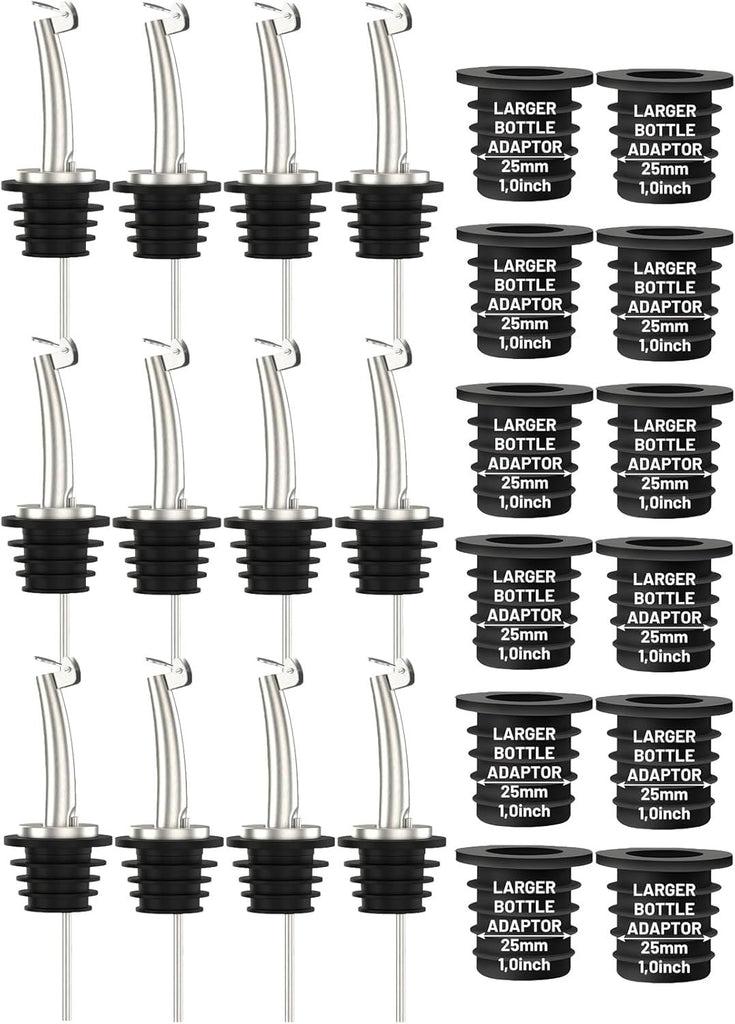 12-Pack Auto Flip Liquor Bottle Pourers with Adapters, Liquor Pour Spout Adapters set for for Large Olive Oil Bottles and Liquor Bottles - Up to 1 Inch/25mm Neck Converts Spout into Large Pour Spout