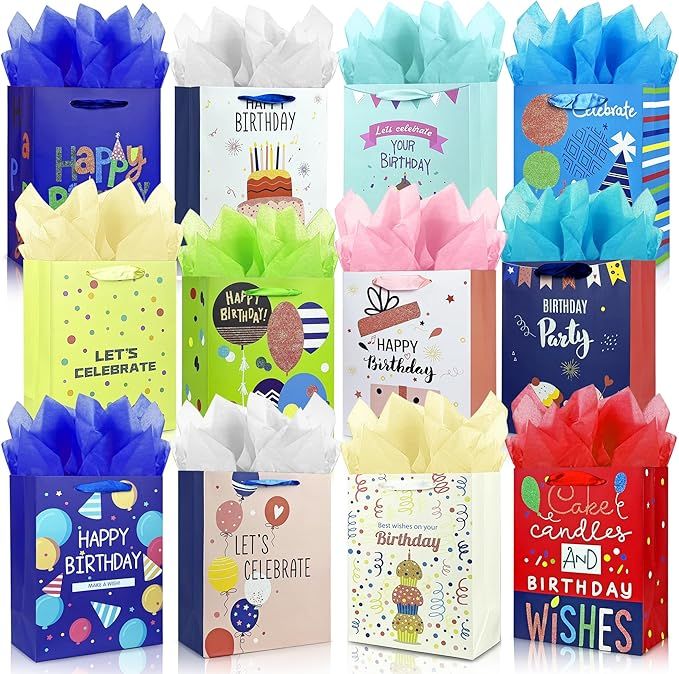 12 Pack Birthday Gift Bags with Ribbon Handle and Tissue Paper Funny Happy birthday Gift Bags for Birthday Gift Wrapping Presents