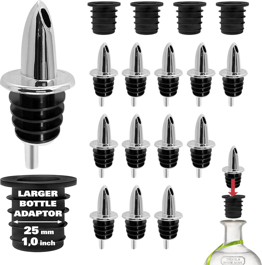 12 Pack Classic Chromed Bottle Pourers, Liquor Pourers for Alcohol, Olive Oil, Bartender Accessories Includes 4 Liquor Pourer Adapters for Large Neck Bottles such as Patron Don Julio Tequila