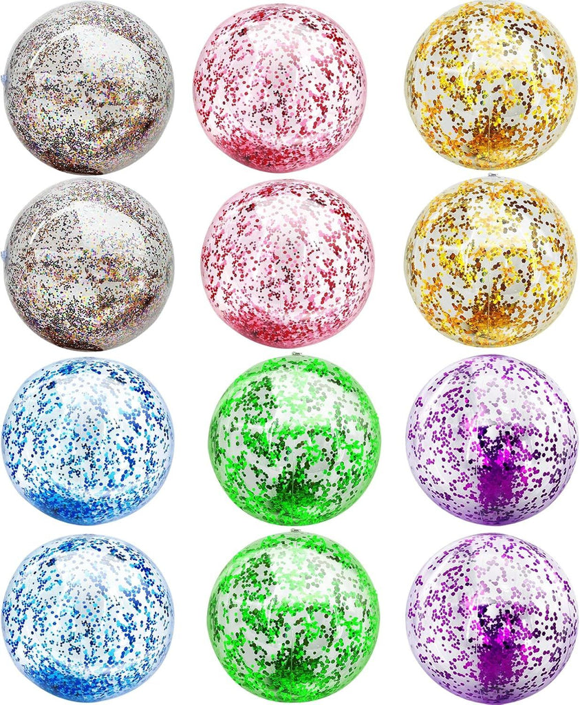 12 Pack Inflatable Beach Balls Bulk 16" Glitters Pool Toys Balls for Pool, Beach, Summer Pool Party - Swimming Pool Game Water Beach Toys Party Favor Summer Decoration Essential Blow Up Beach Ball
