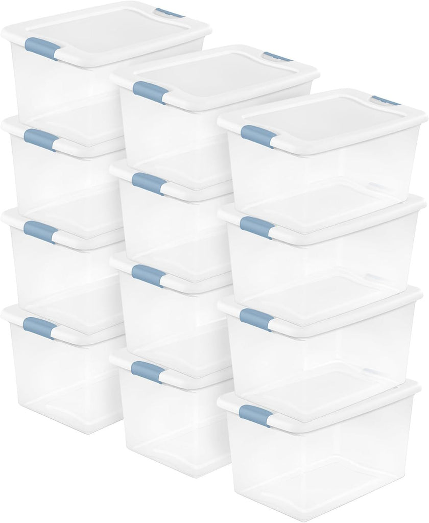 12-Pack Latching Box, Clear Plastic Organizer Bins with White Lids, 64 Quart – Large Stackable Containers for Closet, Bedroom, Garage, Kitchen, and Pantry Organization