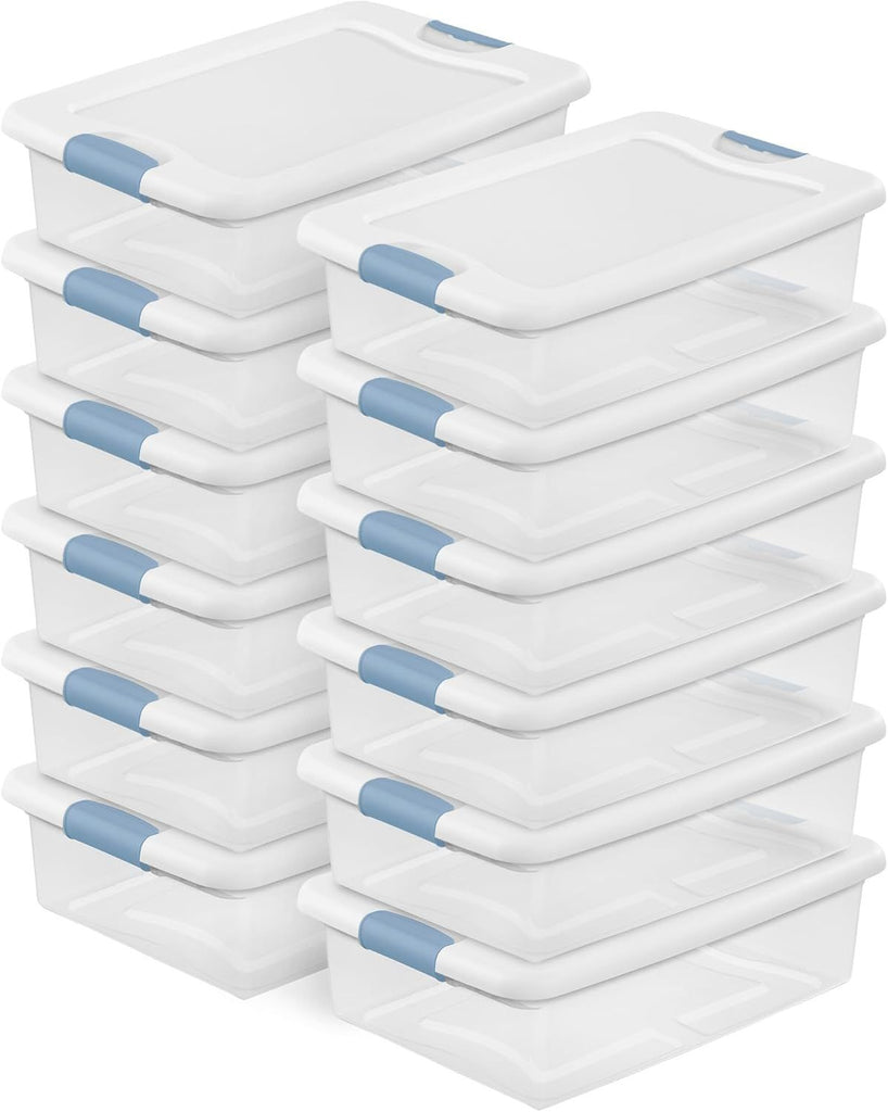 12-Pack Latching Box, Under Bed Storage Bins with Lids, Clear Plastic, 32 Quart - Heavy-Duty Organizing Containers for Closet, Bathroom, and Office
