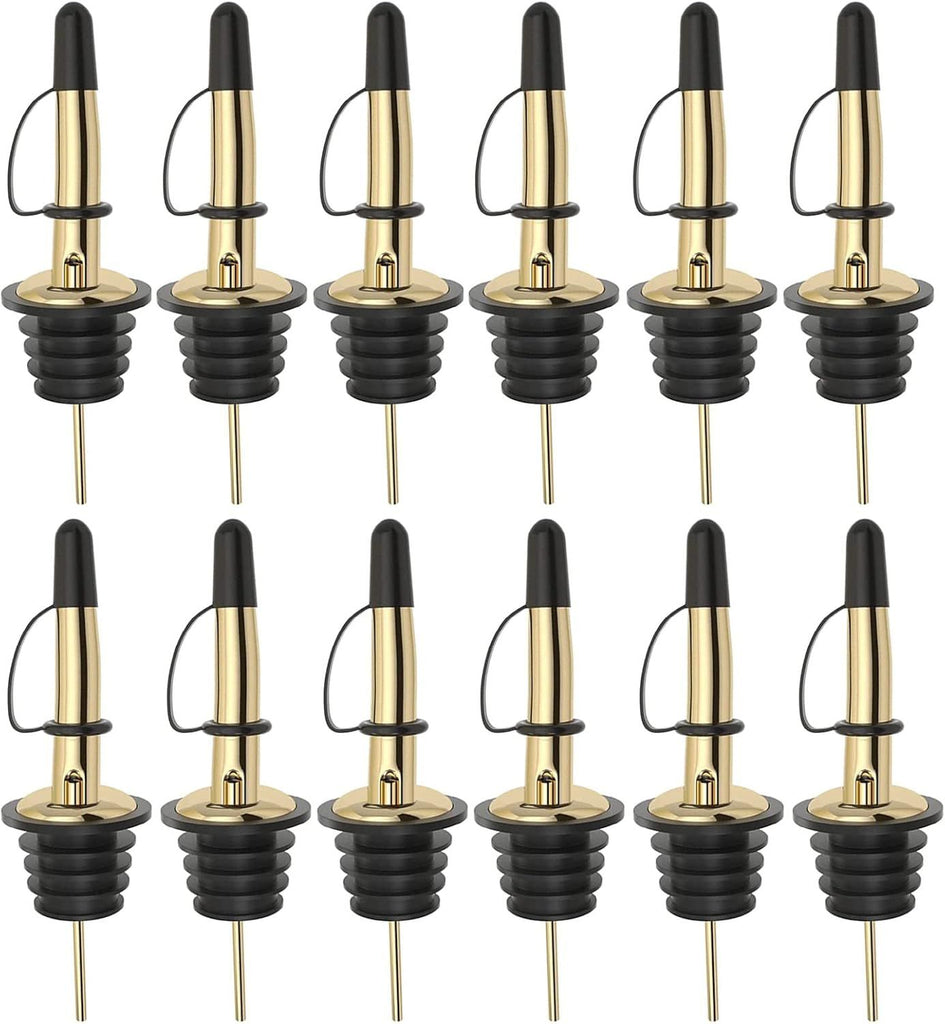 12 Pack Liquor Bottle Pourers, Liquor Pour Spout for Liquor Bottles, Stainless Steel Olive oil Dispenser Spout, Alcohol Pourer Spouts Dust Caps Covers Fixed, Gold