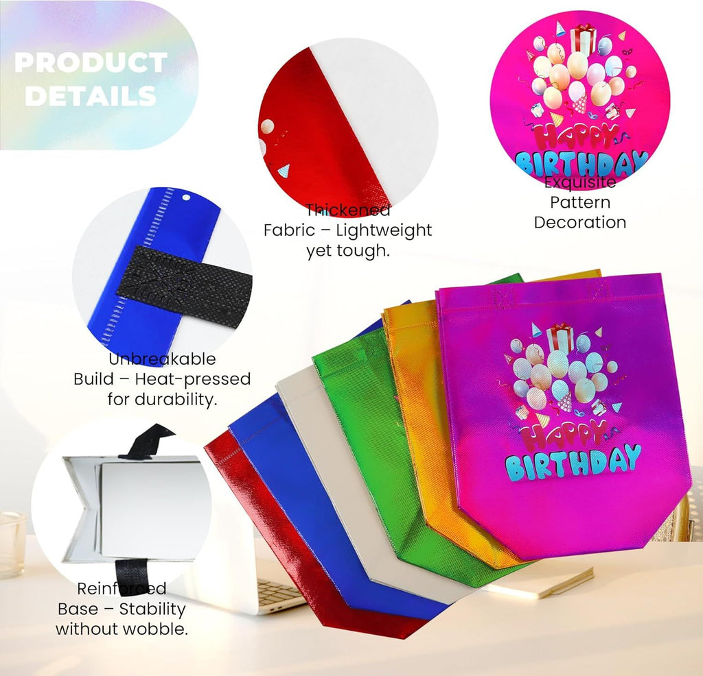 12 Pack Multicolor Small Birthday Gift Bags with Balloons Design, Waterproof Non-Woven Birthday Bags Bulk for Kids, Girls, Boys (8x3.9x8 Inches, 6 Colors)