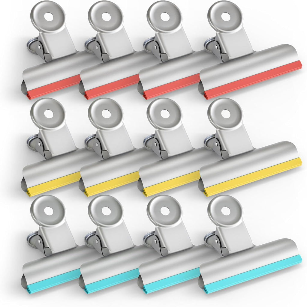 12 Pack Stainless Steel Chip Bag Clips Covered with Silicone NO More Sharp Edges, Bulldog Clips for Food Bags Air Tight Seal, Heavy Duty Binder Paper Clips for Kitchen and Office, 3 Inches