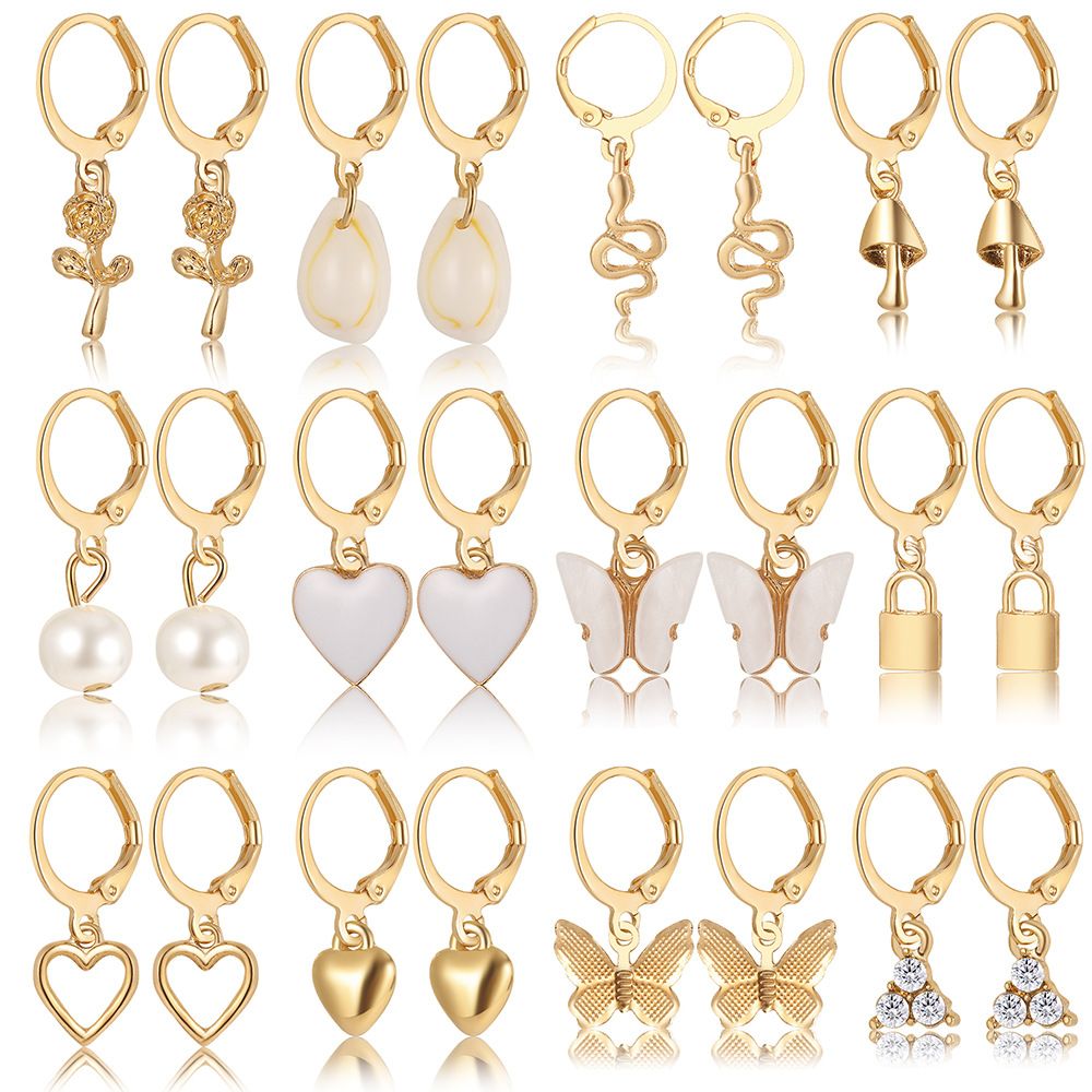 12 Pairs Of Lady Earrings Butterfly Mushroom Lock Faux Pearl Love Earring Set Fashion Earrings Gift for Women