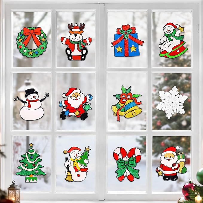 12 Pcs 3D Christmas Window Clings Decals Ornaments Window Stickers for Christmas Decorations Windows Decorations Xmas Party Supplies Thanksgiving Party Décor Snowman, Santa Claus and More Style