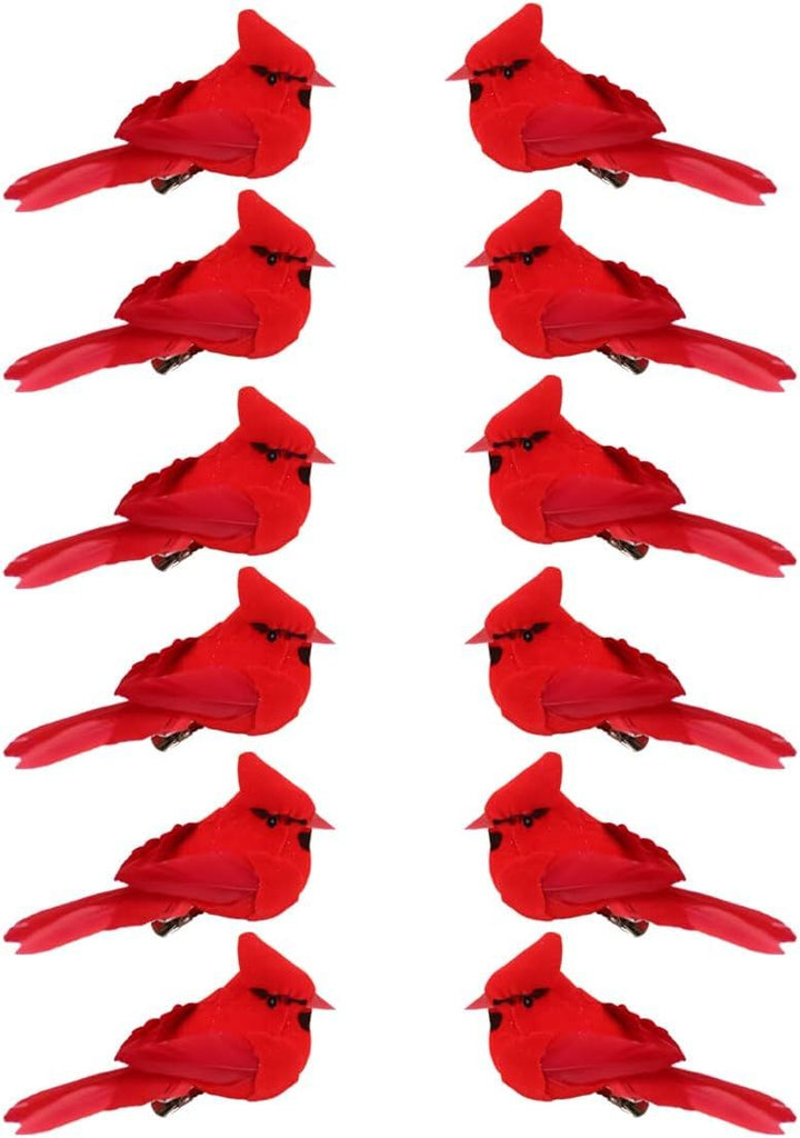 12 Pcs Cardinal Birds for Crafts, Mini Cardinal Clip On Christmas Tree Ornaments Artificial Red Birds Decorations for Wreaths Centerpieces DIY Crafts, Red Velvet & Feathers
