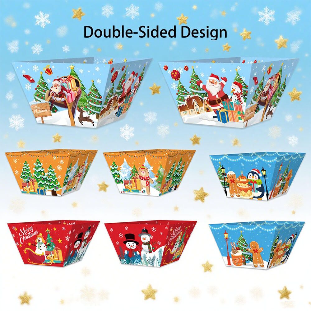 12 Pcs Christmas Paper Snack Trays Santa Elk Snowman Pattern Food Serving Trays Theater Popcorn Bucket Bowl Box Disposable Cartoon Style Food Bowl for Winter Holiday Xmas Movie Night Decorations