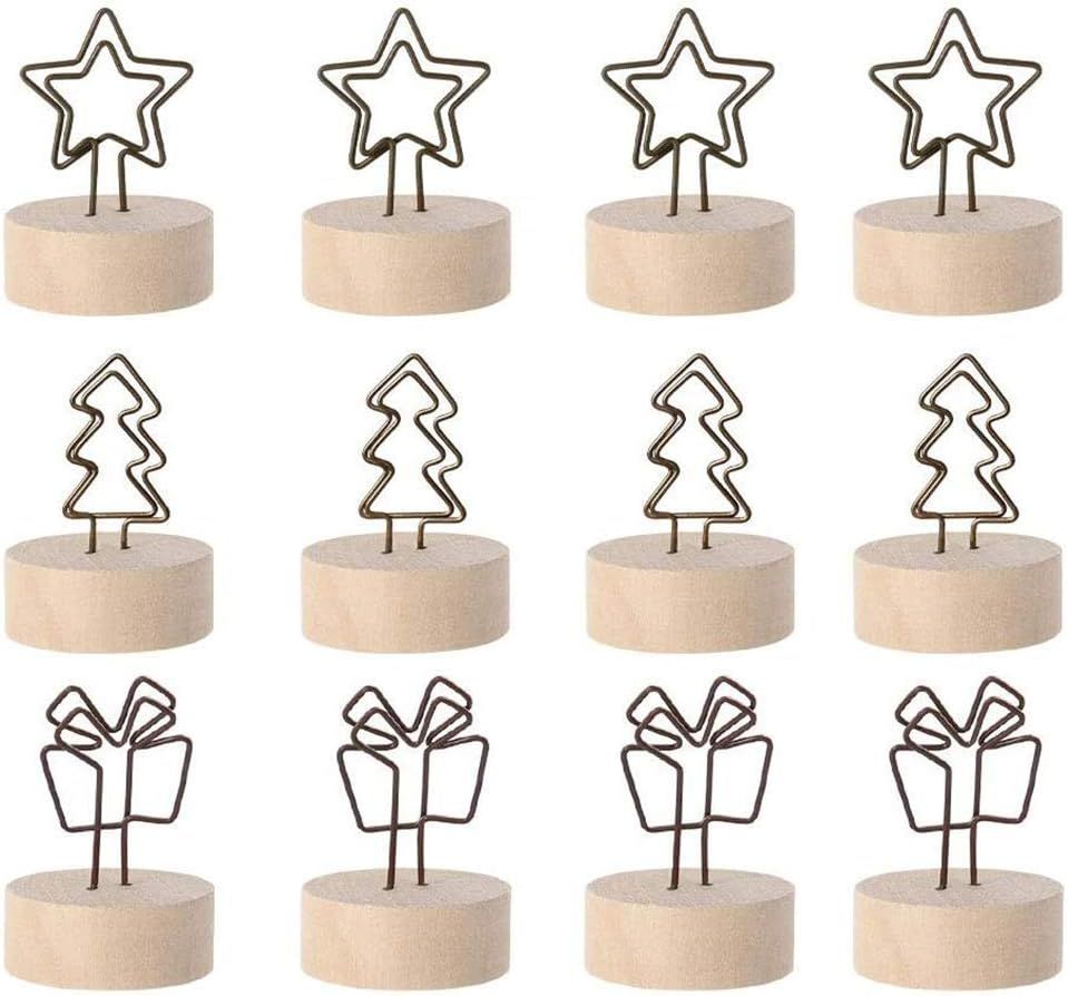 12 Pcs Christmas Wooden Base Place Card Holder, Xmas Tree Star Gift Shaped Picture Memo Note Photo Clip Number Holder Table Card for Christmas Party Wedding Home Bar Decoration