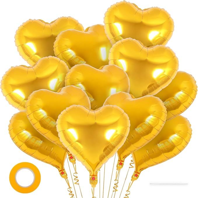 12 Pcs Heart Balloons,18 Inch Gold Heart Shape Foil Balloons Love Balloon Valentine Balloon for Birthday Party Wedding Engagement Party Baby Shower Valentine Day Decorations (gold)