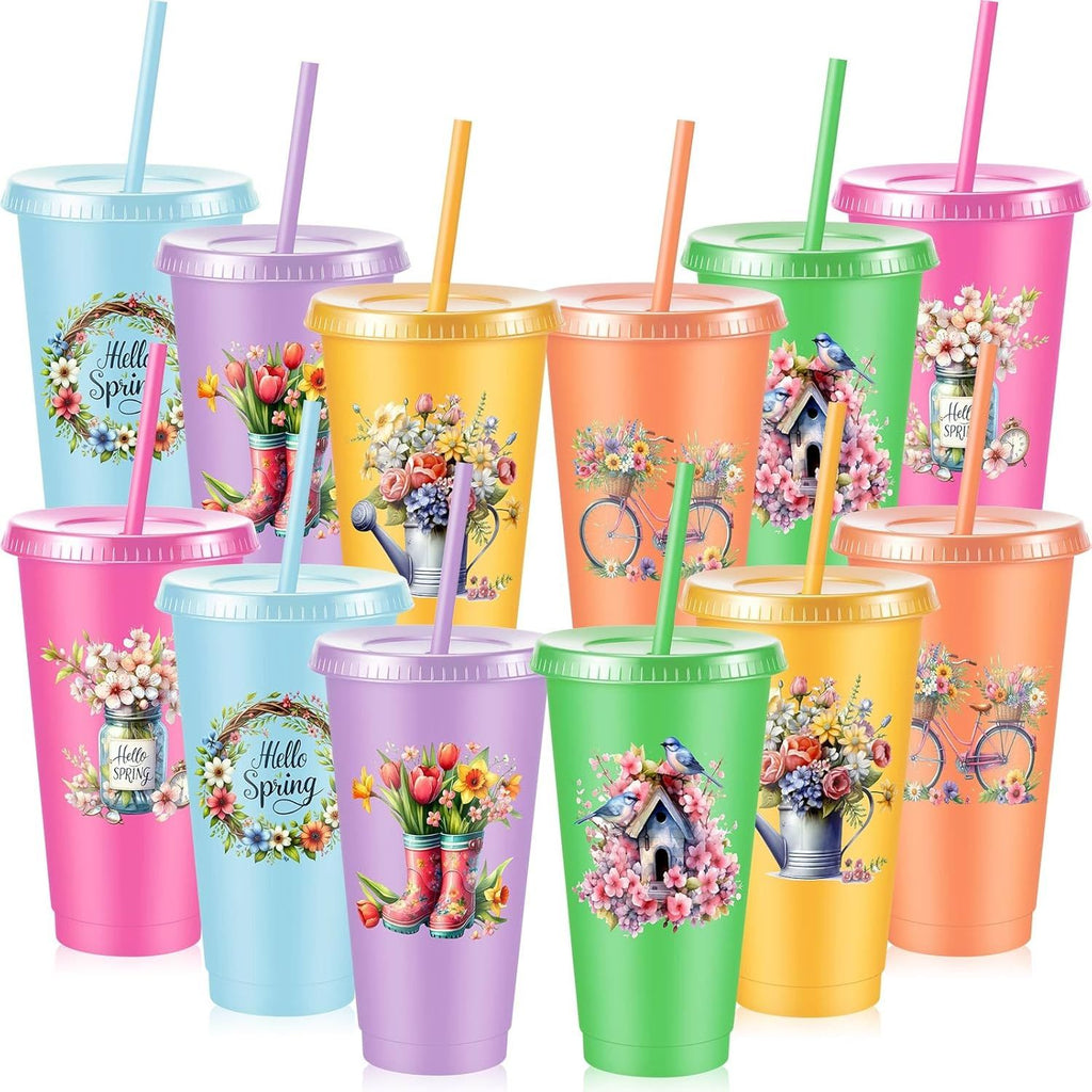 12 Pcs Hello Spring Plastic Cups 24 oz Spring Floral Tumblers with Lids and Straws Reusable Flower Themed Drinking Cups for Women Tea Birthday Decorations Easter Wedding Party Favors Gifts