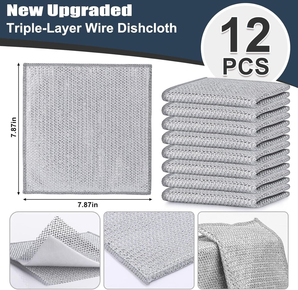 12 Pcs New Upgrade Steel Wire Dishcloth,Triple-Layer Steel Wire Cleaning Cloth,Powerful Cleaning Non-Scratch Wire Dishcloth Rag for Cookware, Sinks, Dishes, Stove Tops