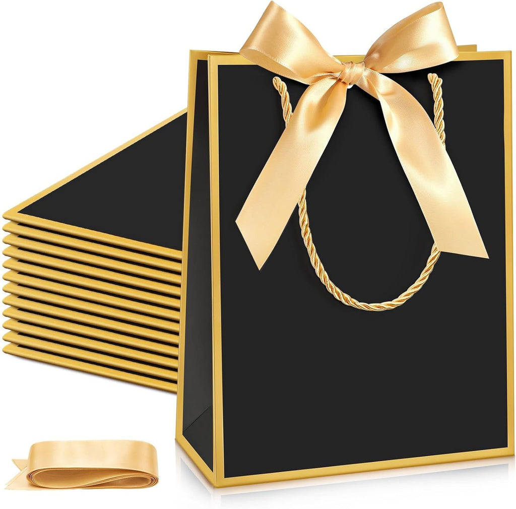 12 Pcs Paper Gift Bags with Handle 9x7x3.15'' Thank You Gift Bags with Bow Ribbon for Holiday Valentines Wedding Bridal Baby Shower Birthday Party