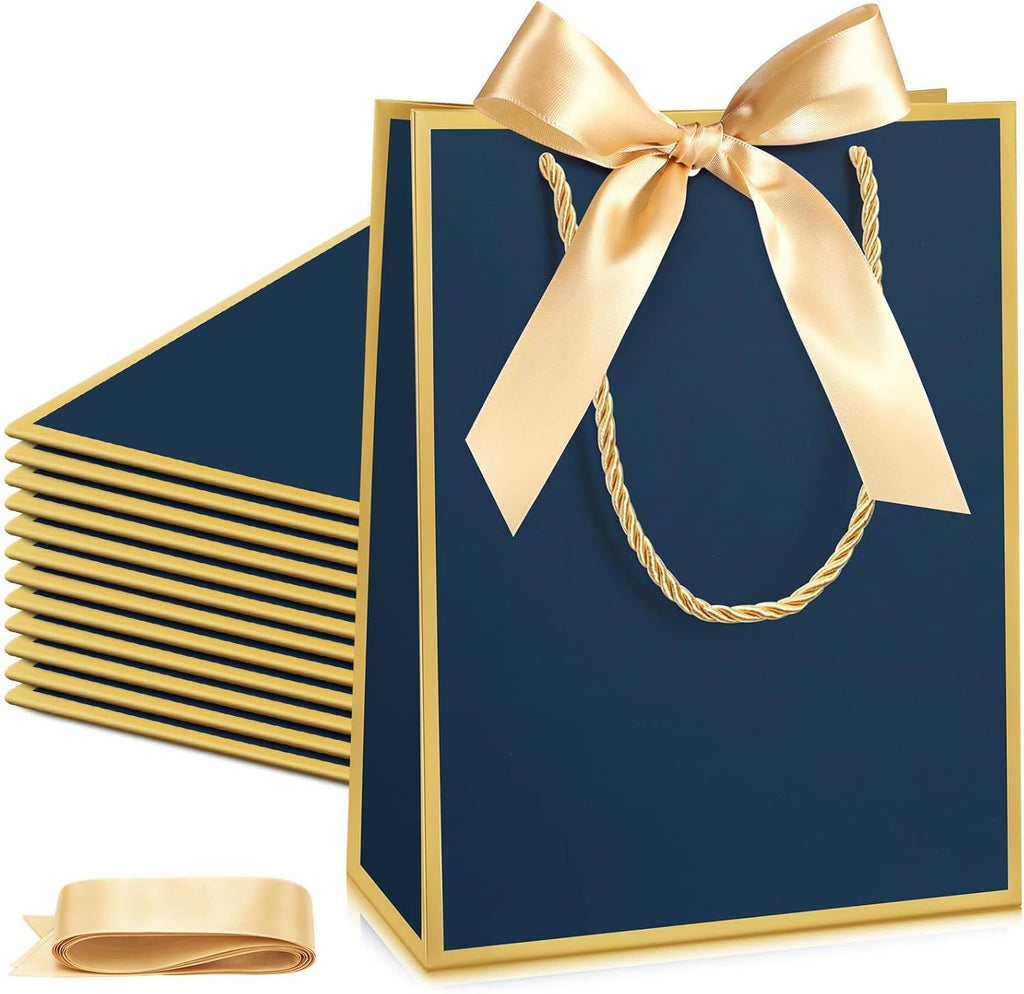 12 Pcs Paper Gift Bags with Handle 9x7x3.15'' Thank You Gift Bags with Bow Ribbon for Holiday Valentines Wedding Bridal Baby Shower Birthday Party
