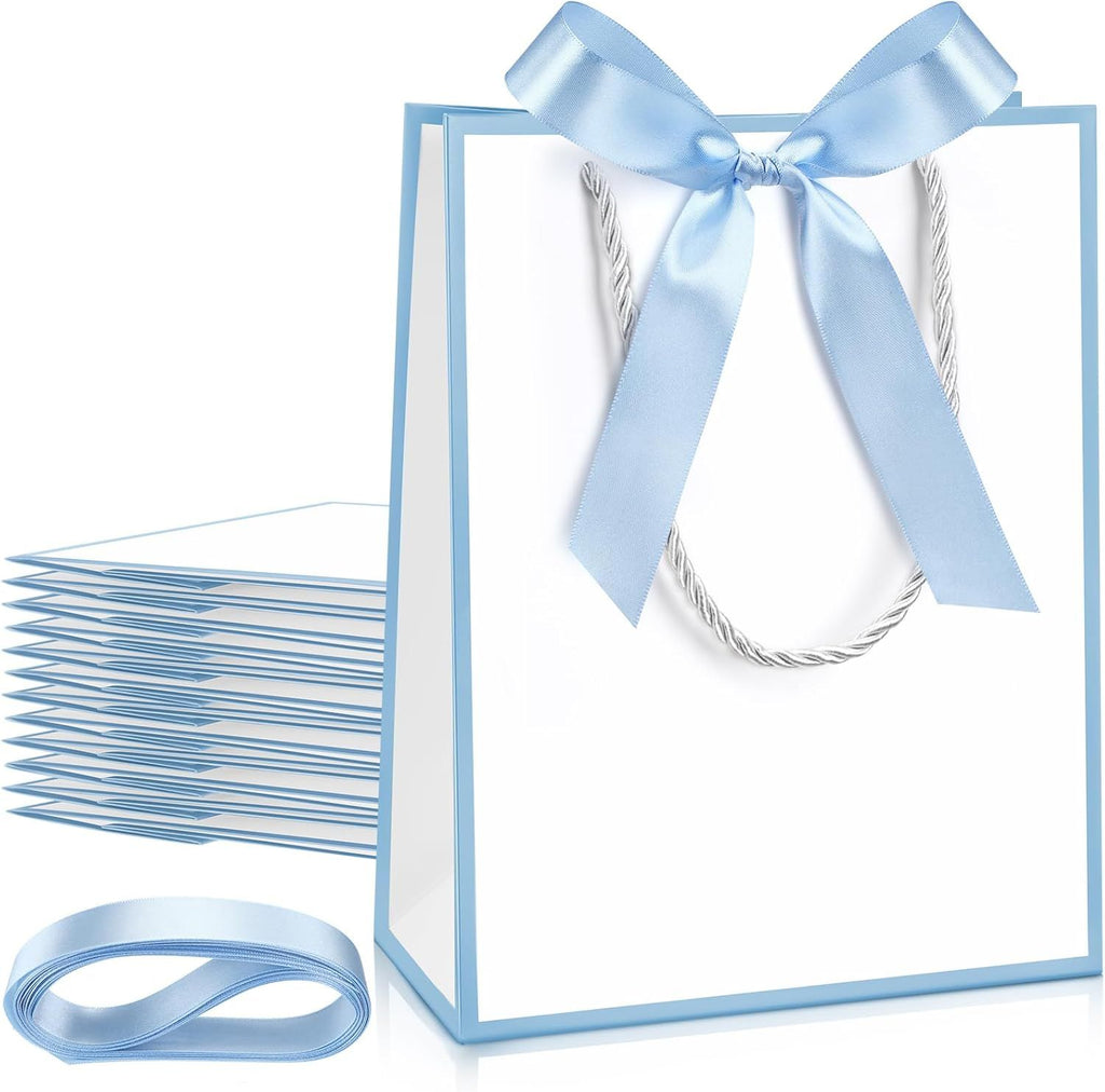 12 Pcs Paper Gift Bags with Handle 9x7x3.15'' Thank You Gift Bags with Bow Ribbon for Holiday Valentines Wedding Bridal Baby Shower Birthday Party