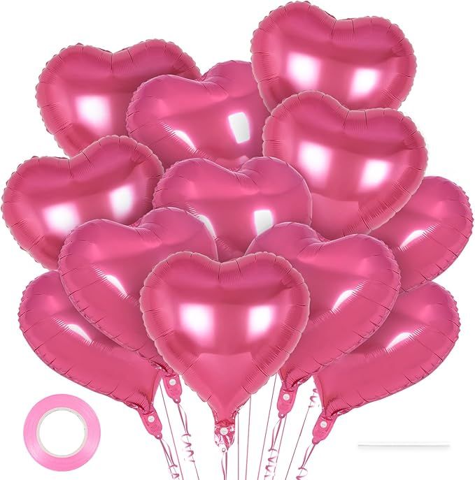 12 Pcs Pink Heart Balloons,18 inch Heart Shape Foil Balloons Love Balloons Valentine Balloons for Birthday Party Wedding Engagement Party Baby Shower Valentine Day Decorations (deep pink)
