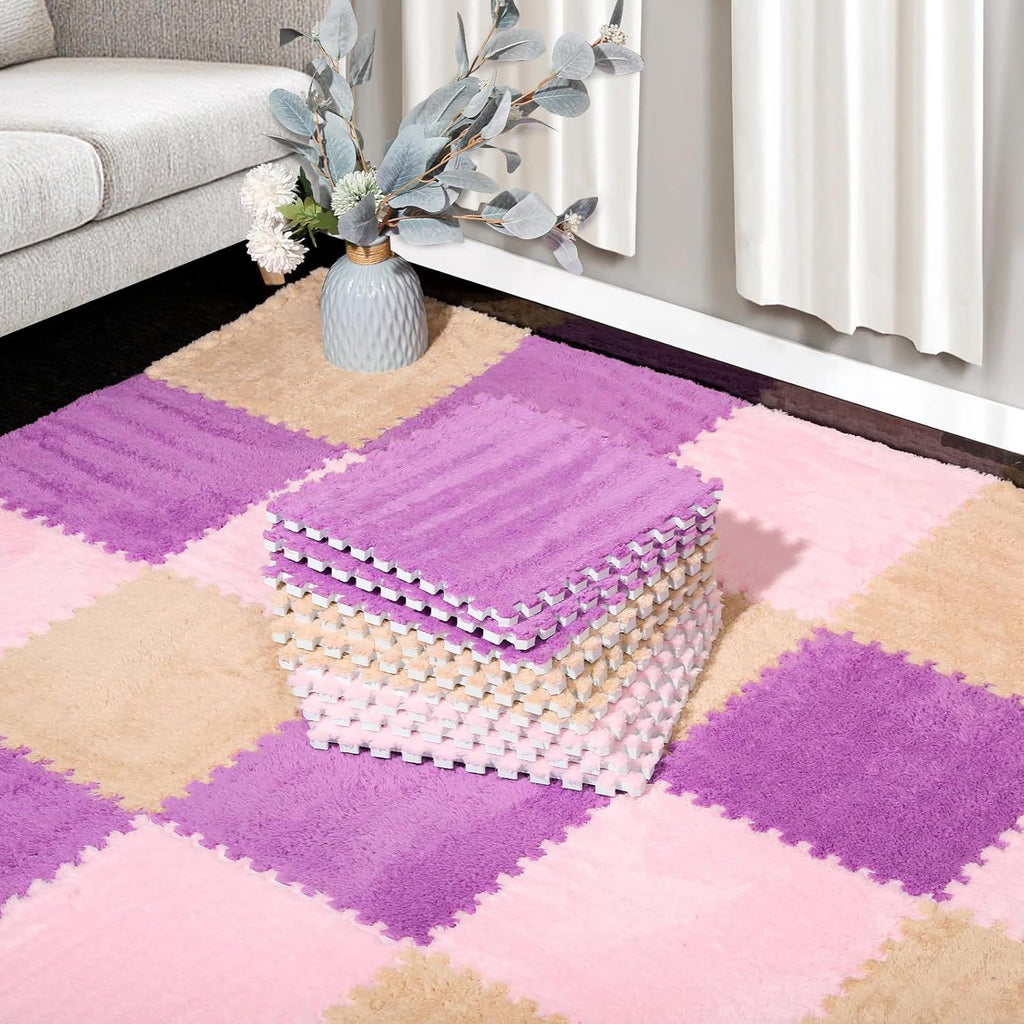 12 Pcs Plush Interlocking Carpet Tiles, Non-Toxic Foam Carpet Tiles for Toddler Baby, Machine-Washable, Anti-Slip, EVA Foam Interlocking Tiles for Floor, Nursery, Playroom, Purple, Light Brown, Pink