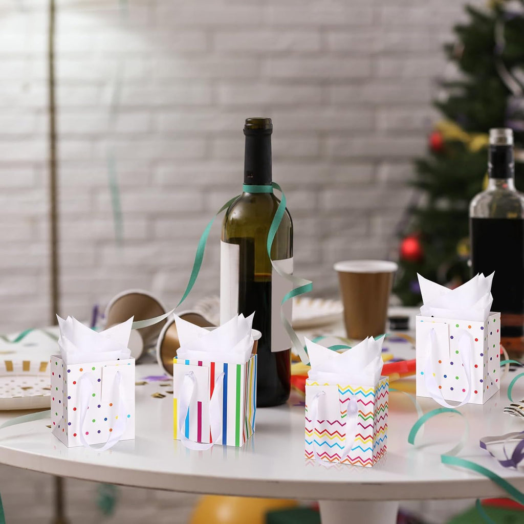 12 Pcs Small Gift Bags Mini Metallic Paper Bag Bulk Tiny with Handle Tissue Paper for Wrap Christmas Thanksgiving Halloween Birthday Party Favor Supply(4 x 2.75 x 4.5 Inch,White Gold)
