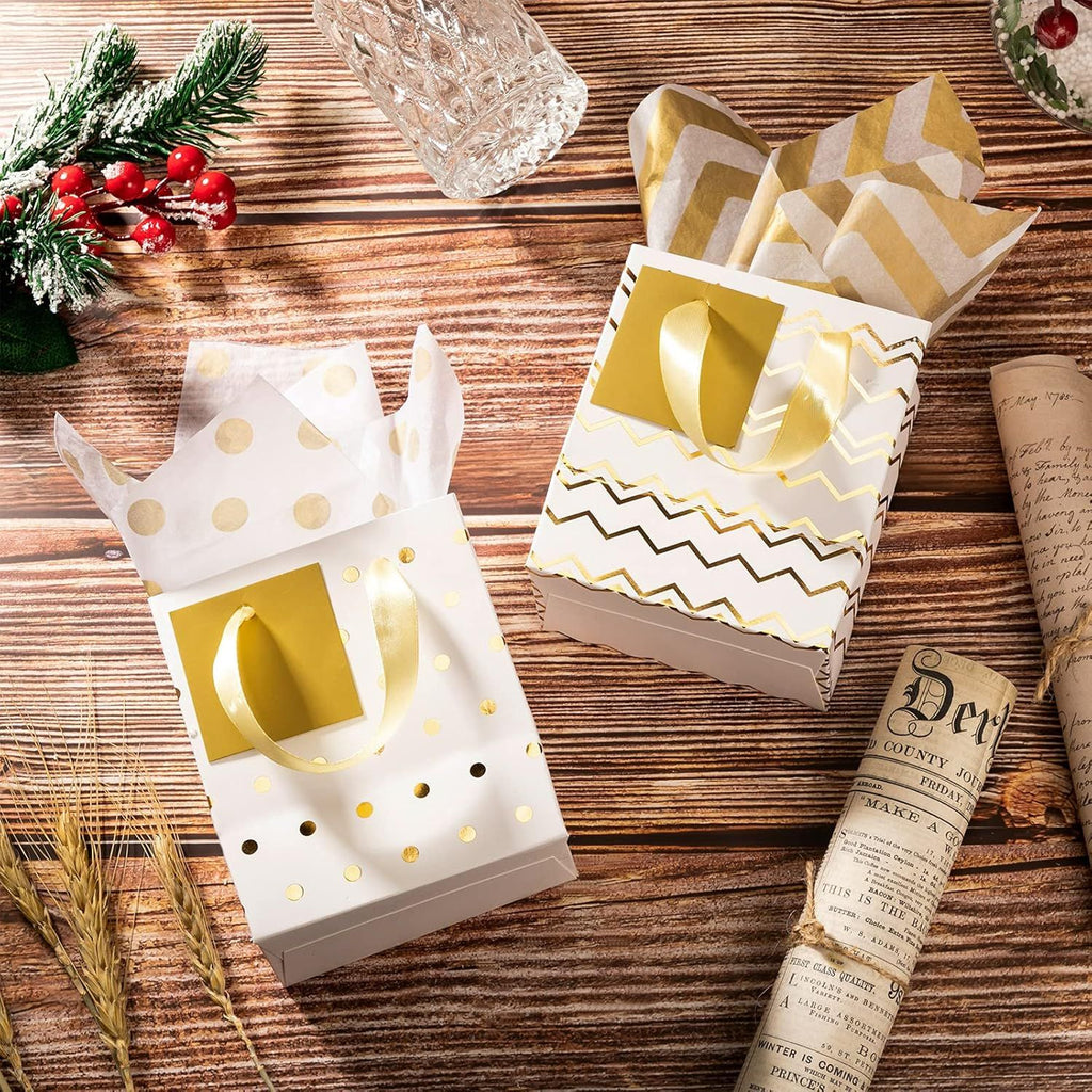 12 Pcs Small Gift Bags Mini Metallic Paper Bag Bulk Tiny with Handle Tissue Paper for Wrap Christmas Thanksgiving Halloween Birthday Party Favor Supply(4 x 2.75 x 4.5 Inch,White Gold)