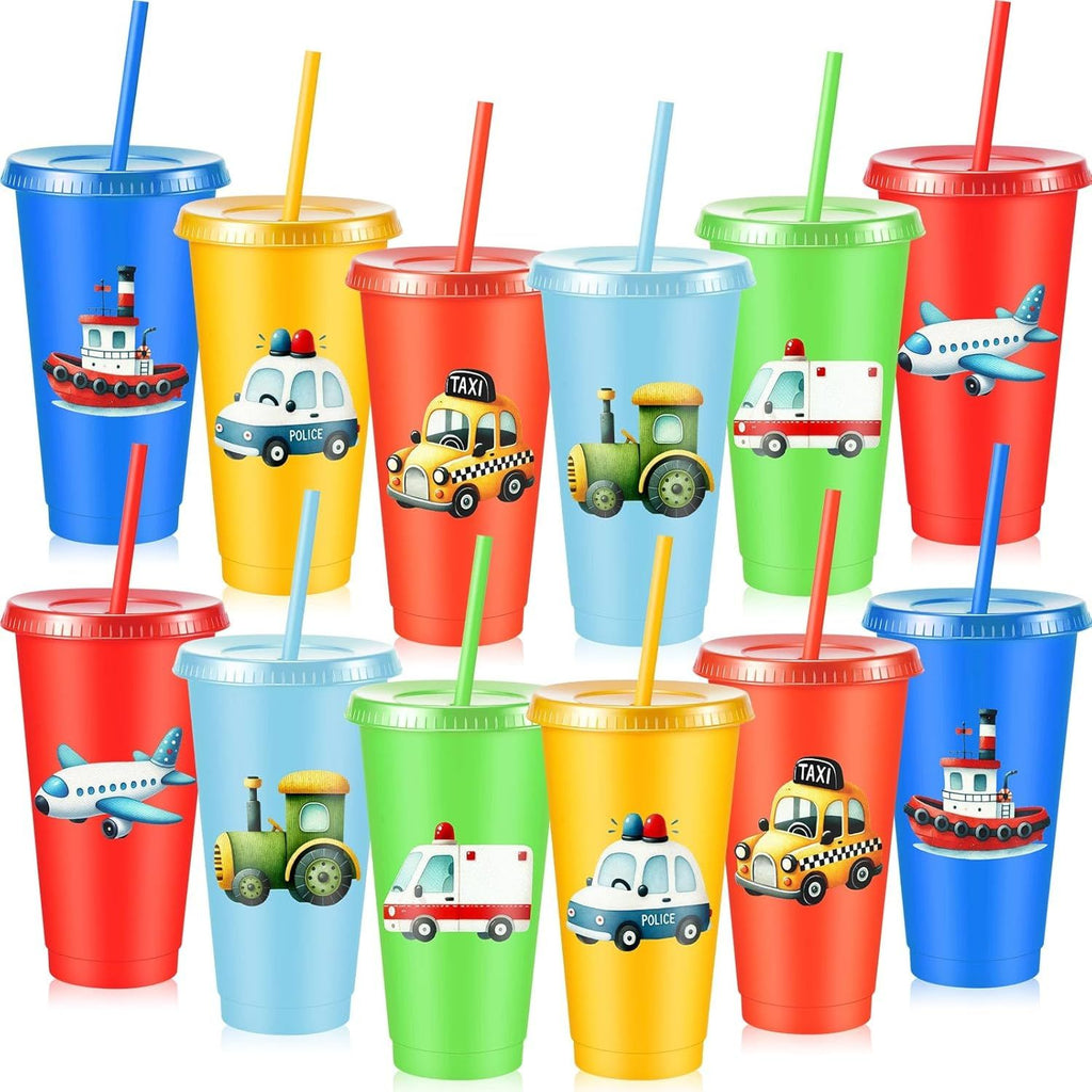12 Pcs Transportation Themed Tumbler with Lid and Straw 24 oz Reusable Plastic Travel Cup Transportation Birthday Party Supplies for Party Hot and Cold Drinks
