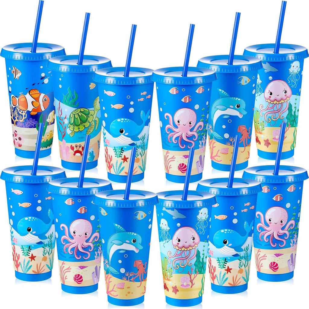 12 Pcs Under The Sea Party Cups 24 oz Reusable Plastic Tumblers with Lids and Straws Themed Drinking Cups for Birthday Decorations Ocean Sea Party Favors Supplies Gifts