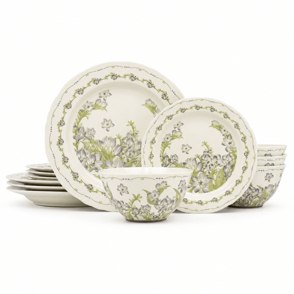 12-Piece Floral Orchid Dinnerware Set, Includes 10.5" Dinner Plates, 8" Salad Plates & 5.9" Cereal Bowls, Ceramic Tableware Set