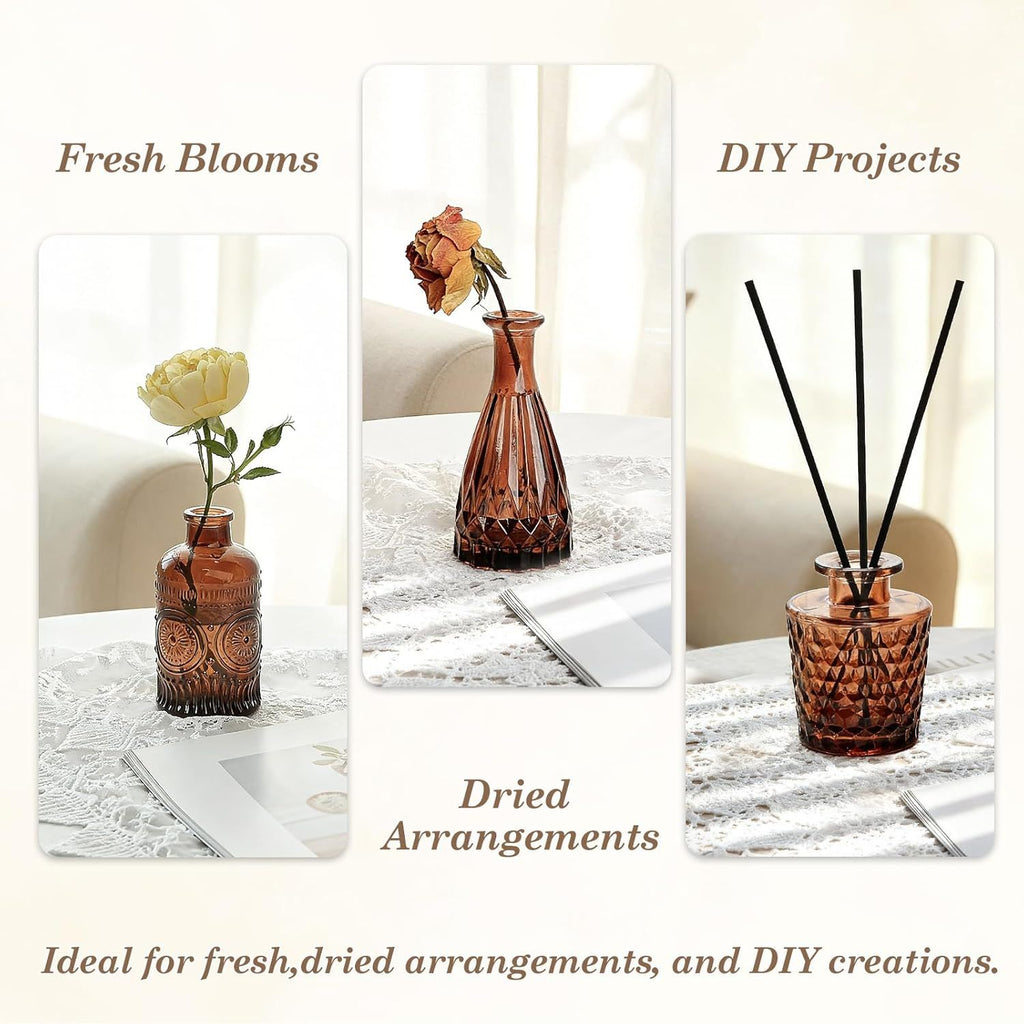12-Piece Glass Bud Vase Set – Small Caramel Coffee Brown Etched Glass Vases with Unique Shapes and Weighted Base for Windowsills, Bathrooms, and Table Centerpiece Décor