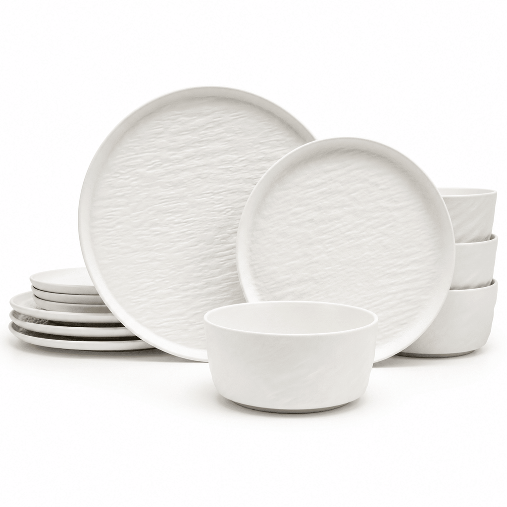 12-Piece Organic Modern Stoneware Dinner Set, Textured Dinner Plates, Salad Plates & Bowls, Microwave and Dishwasher Safe