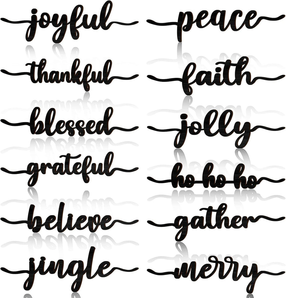 12 Pieces Christmas Word Wood Cutout Joyful Merry Thankful Grateful Blessed Peace Gather Word Sign Christmas Plate Cutout Rustic Merry Signs for Home Table Plate Decoration