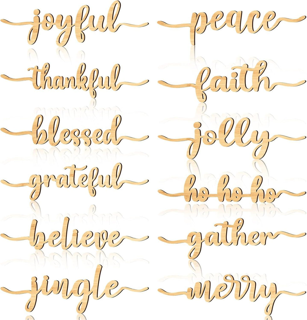 12 Pieces Christmas Word Wood Cutout Joyful Merry Thankful Grateful Blessed Peace Gather Word Sign Christmas Plate Cutout Rustic Merry Signs for Home Table Plate Decoration