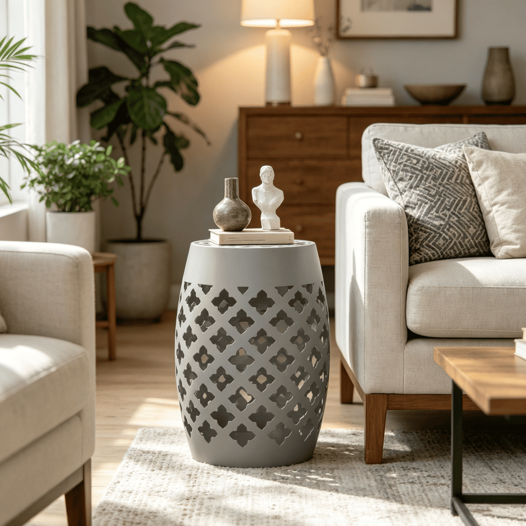 12" round Gray Outdoor Stool Decorative Mosaic Accent Plant Stand Patio Side Table for Garden Balcony