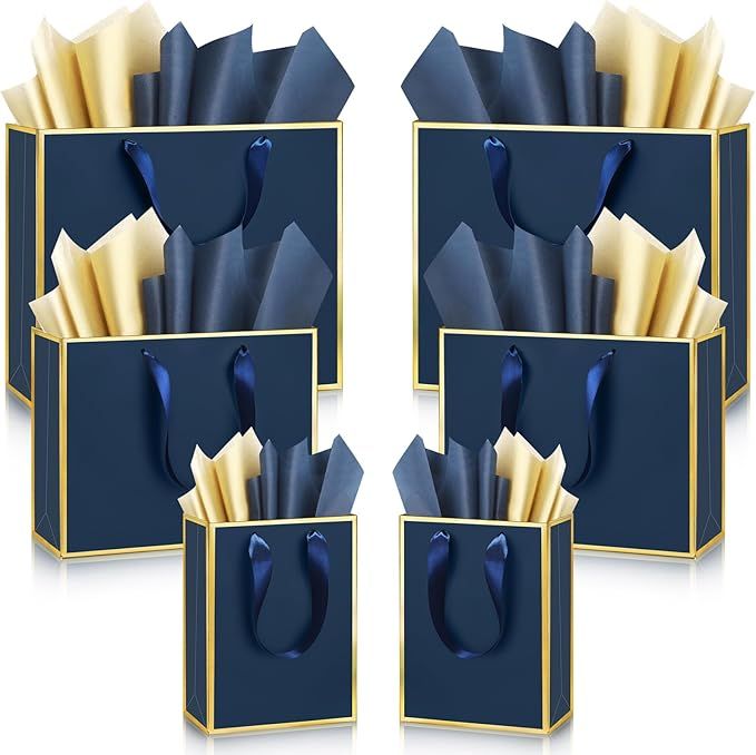 12 Sets Metallic Paper Gift Bags with Handle Tissue Paper Iclude Thank You 5 Senses Gift Bags for Him Her Birthday Wedding Groomsmen Favor Thanksgiving Christmas(Navy Blue, Gold)
