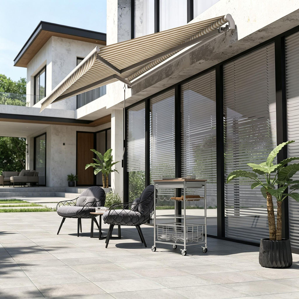 12' X 10' Beige & White Manual Retractable Awning Outdoor Sunshade Shelter Adjustable Versatile Design for Home Garden
