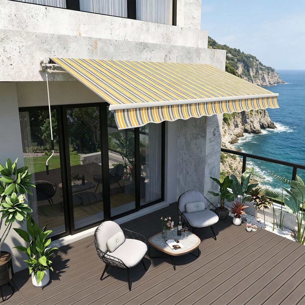 12' X 10' Manual Retractable Awning Outdoor Sunshade Shelter Adjustable Versatile Design for Patio Balcony Yard Yellow Gray