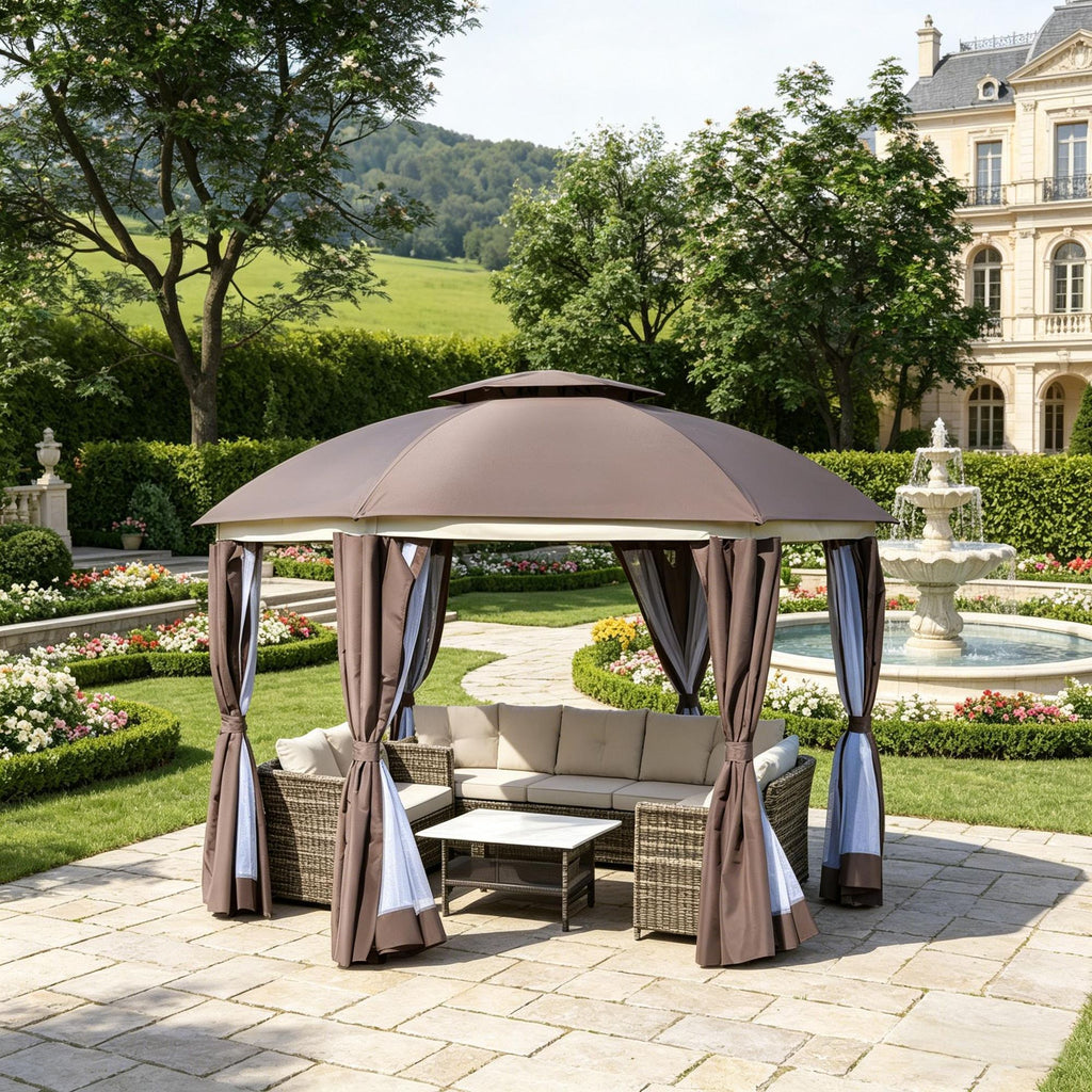 12' X 12' round Outdoor Gazebo Patio Dome Canopy Shelter with Double Roof Netting Sidewalls Curtains Zippered Doors Strong Steel Frame Brown
