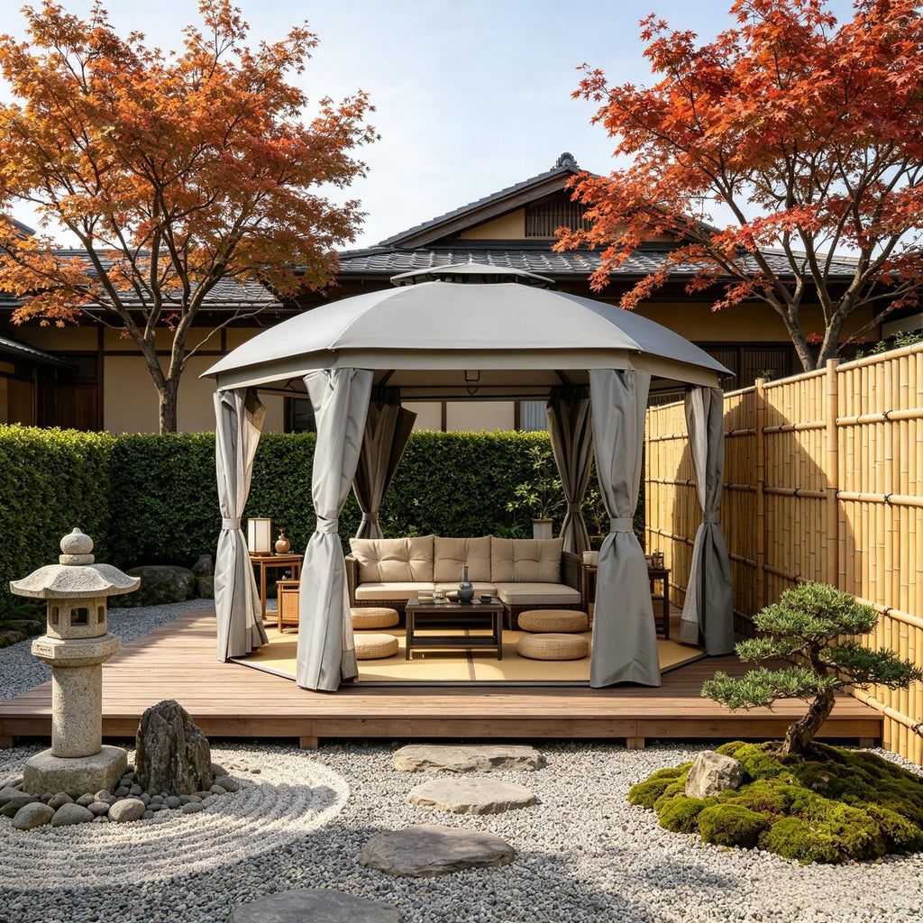 12' X 12' round Outdoor Gazebo Patio Dome Canopy Shelter with Double Roof Netting Sidewalls Curtains Zippered Doors Strong Steel Frame Grey