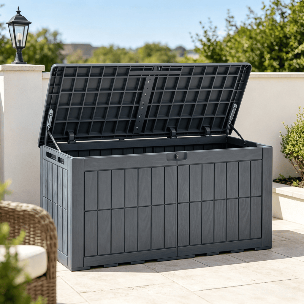 120-Gallon Outdoor Deck Box with Lid And Handles for Garden Tools Storage Solution