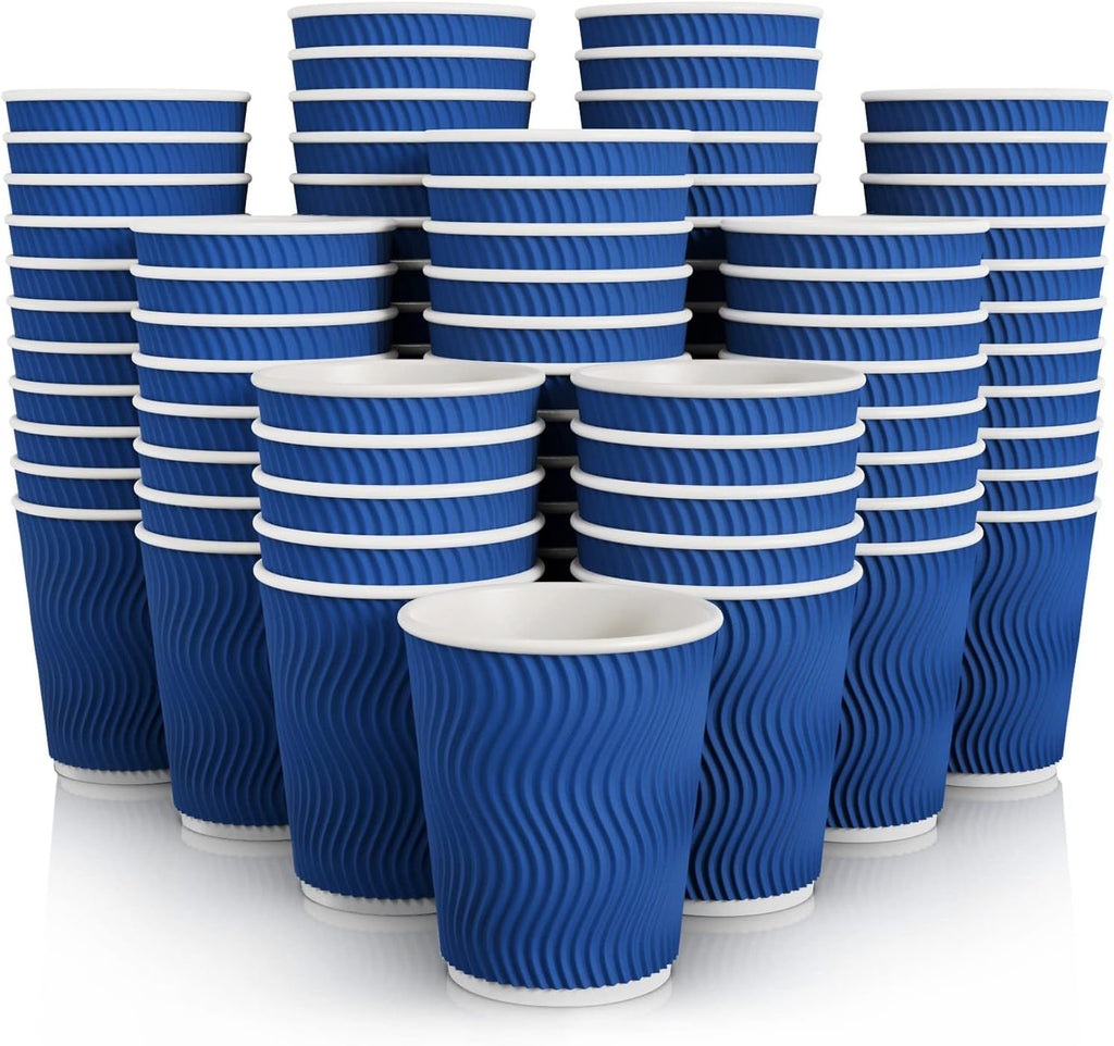 120 Pack 8 oz Paper Coffee Cups, Blue Disposable Beverage Cups with Insulated Ripple Wall for Coffee, Tea, and Hot Chocolate